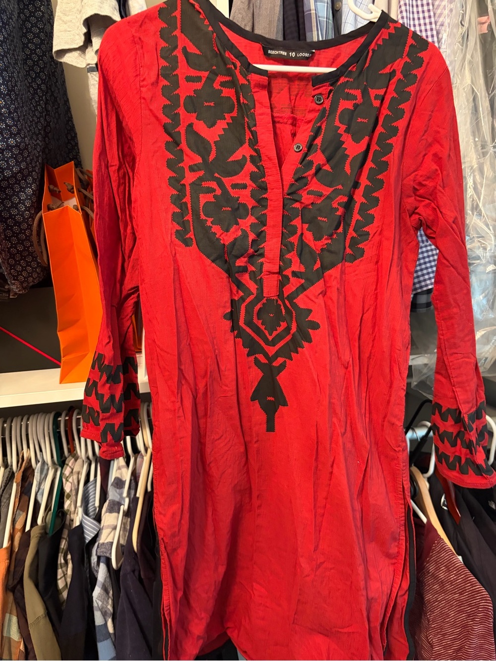 Red Embroidered Long-Sleeve Kurta with Black Detail - Women